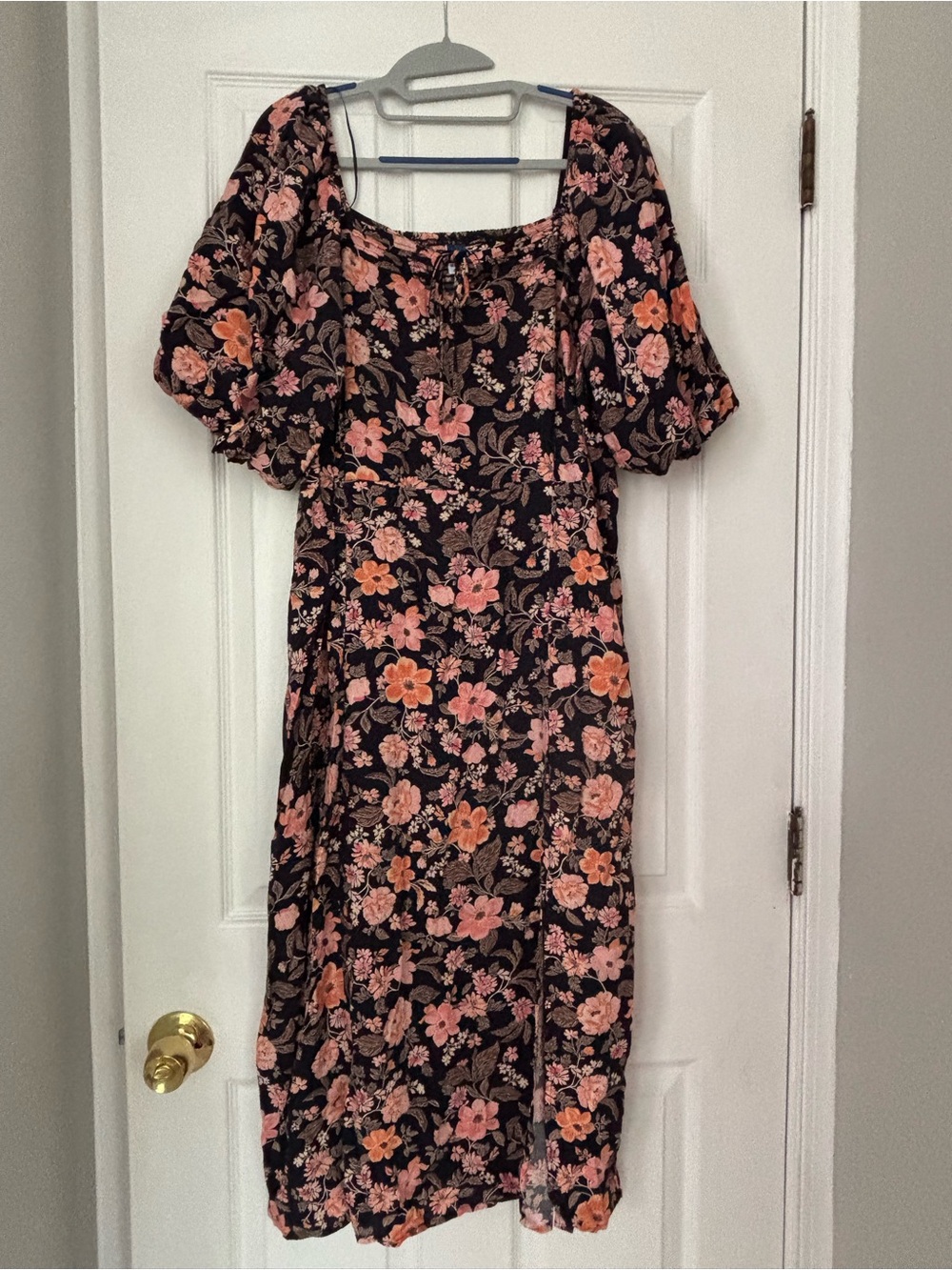 Floral Puff-Sleeve Midi Dress w/ Leg Slit